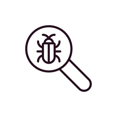 Virüs ikon vektörlü büyüteç. hata arama işareti. İzole sembol çizimi. Hata Detektörü