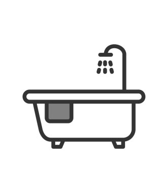 Beyaz arkaplanda izole edilmiş küvet simgesi vektörü, şeffaf duş işareti, çizgi ve vuruş ögeleri ana hat biçiminde