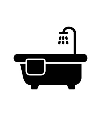 Beyaz arkaplanda izole edilmiş küvet simgesi vektörü, şeffaf duş işareti, çizgi ve vuruş ögeleri ana hat biçiminde