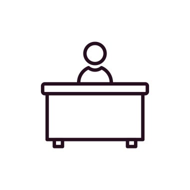 Yatak sandalyesi çizgisi simgesi olan adam, konsept çizimi, taslak sembolü, vektör işareti, doğrusal semboller.