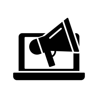 Megafon ikonlu bir laptop. düz dizayn. pazarlama vektörü illüstrasyonu