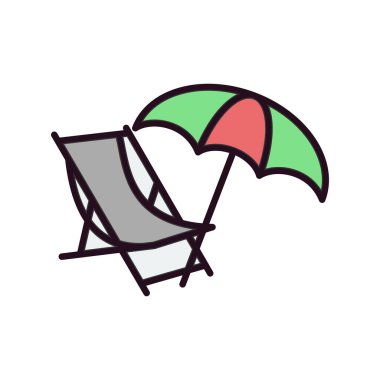 Plaj şemsiyesi ve iskemle simgesi. Güneş paneli vektör logosu