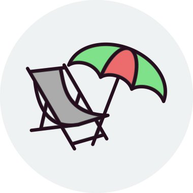 Plaj şemsiyesi ve iskemle simgesi. Güneş paneli vektör logosu