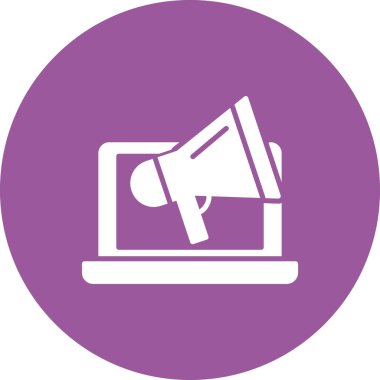 Megafon ikonlu bir laptop. düz dizayn. pazarlama vektörü illüstrasyonu