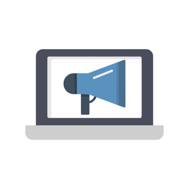 Megafon ikonlu bir laptop. düz dizayn. pazarlama vektörü illüstrasyonu