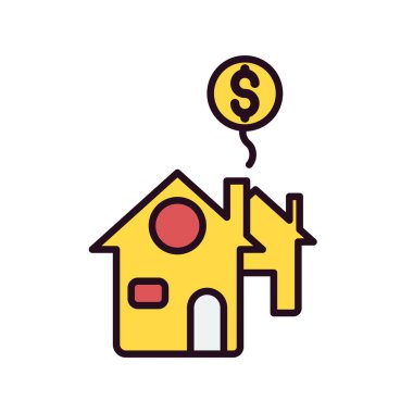 Emlak simgesi. Beyaz arka planda izole edilmiş konsept sembolü olan dolar vektörlü evin basit çizimi