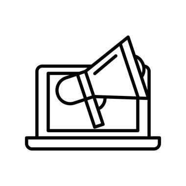 Megafon ikonlu bir laptop. düz dizayn. pazarlama vektörü illüstrasyonu