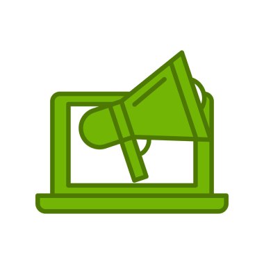 Megafon ikonlu bir laptop. düz dizayn. pazarlama vektörü illüstrasyonu