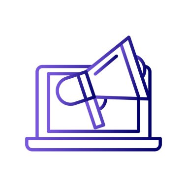 Megafon ikonlu bir laptop. düz dizayn. pazarlama vektörü illüstrasyonu