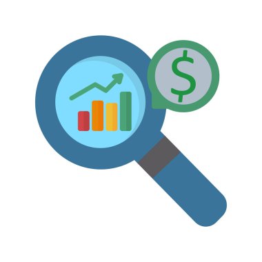 İş grafiği simgesi olan büyüteç, pazar analizi vektör çizimi tasarımı 