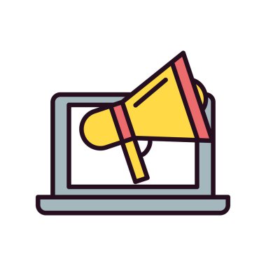 Megafon ikonlu bir laptop. düz dizayn. pazarlama vektörü illüstrasyonu