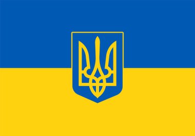 Ukrayna 'nın ulusal sembolleri, arma ve bayrak. Vektör illüstrasyonu.