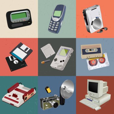 70 'ler-90' ların nostaljisi. Biçim ögeleri çağrı cihazı, çağrı cihazı, telefon, VHS teybi, disket diski, oyun, kaset, kamera filmi, bilgisayar gibi on yıllık havalı sembol teknolojisini anımsatıyor