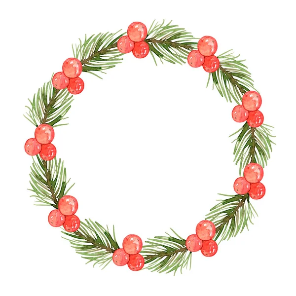 Köknar dalları ve kırmızı meyvelerden oluşan suluboya Noel çelengi. Beyaz arka planda izole edilmiş. Şenlik çerçevesi. Holly Berry.