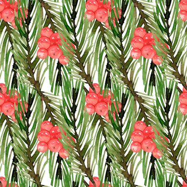 Suluboya Noel deseni, şenlikli arka plan, dijital kağıt. Ladin dalları, kozalaklı ağaçlar, çam ağaçları. Kızıl Kış Böğürtlenleri, Holly Berry.