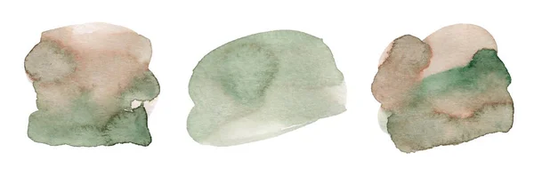 Állítsa Akvarell Zöld Barna Foltok Elszigetelt Fehér Háttér Texturált Háttér — Stock Fotó