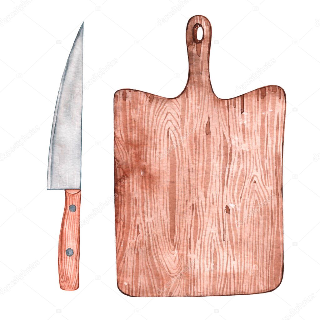 Watercolor set wooden cutting board and knife. Vintage kitchen utensils. Cooking accessories. Isolated on a white background.
