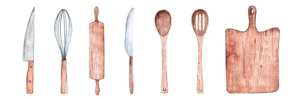 Akvarelová Sada Dřevěných Kuchyňských Potřeb Lžíce Nože Válečky Špendlík Řezací — Stock fotografie