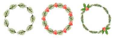 Köknar dalları ve kırmızı böğürtlenlerden yapılmış suluboya Noel çelenkleri. Davetiyeler ve kartlar için Holly 'nin yuvarlak çerçeveleri. Beyaz arkaplan üzerinde izole edilmiş.