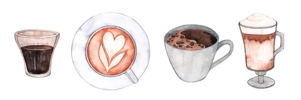 Aquarel Set Van Tekeningen Van Koffie Geïsoleerd Witte Achtergrond Cappuccino — Stockfoto