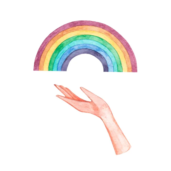 虹を持つ水彩手 Lgbtqの誇り Lgbtパレード 白い背景の上に隔離された レズビアン バイト トランス クィア 同じセックス愛 — ストック写真
