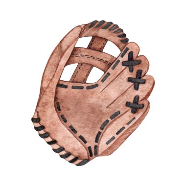 Suluboya beyaz arka planda izole edilmiş beyzbol eldiveni çiziyor. Spor malzemeleri..