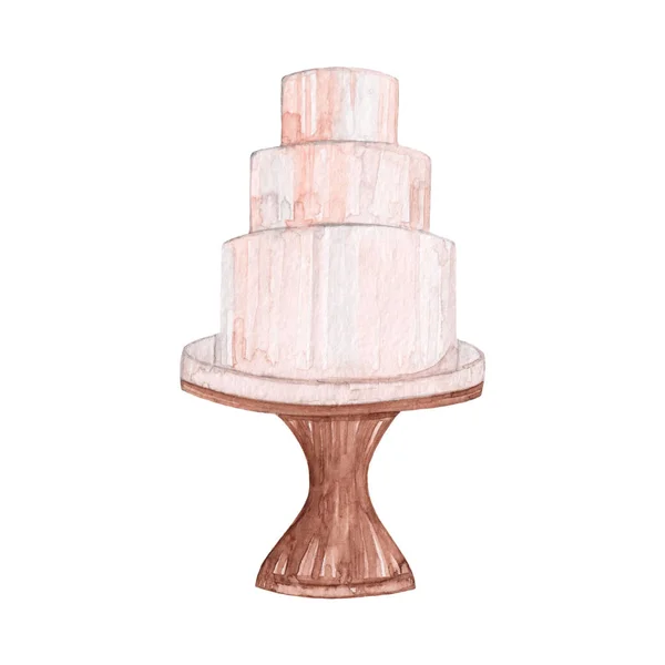 水彩画的三层婚礼蛋糕被白色背景隔离 假日用的粉红色和米黄色甜点 — 图库照片