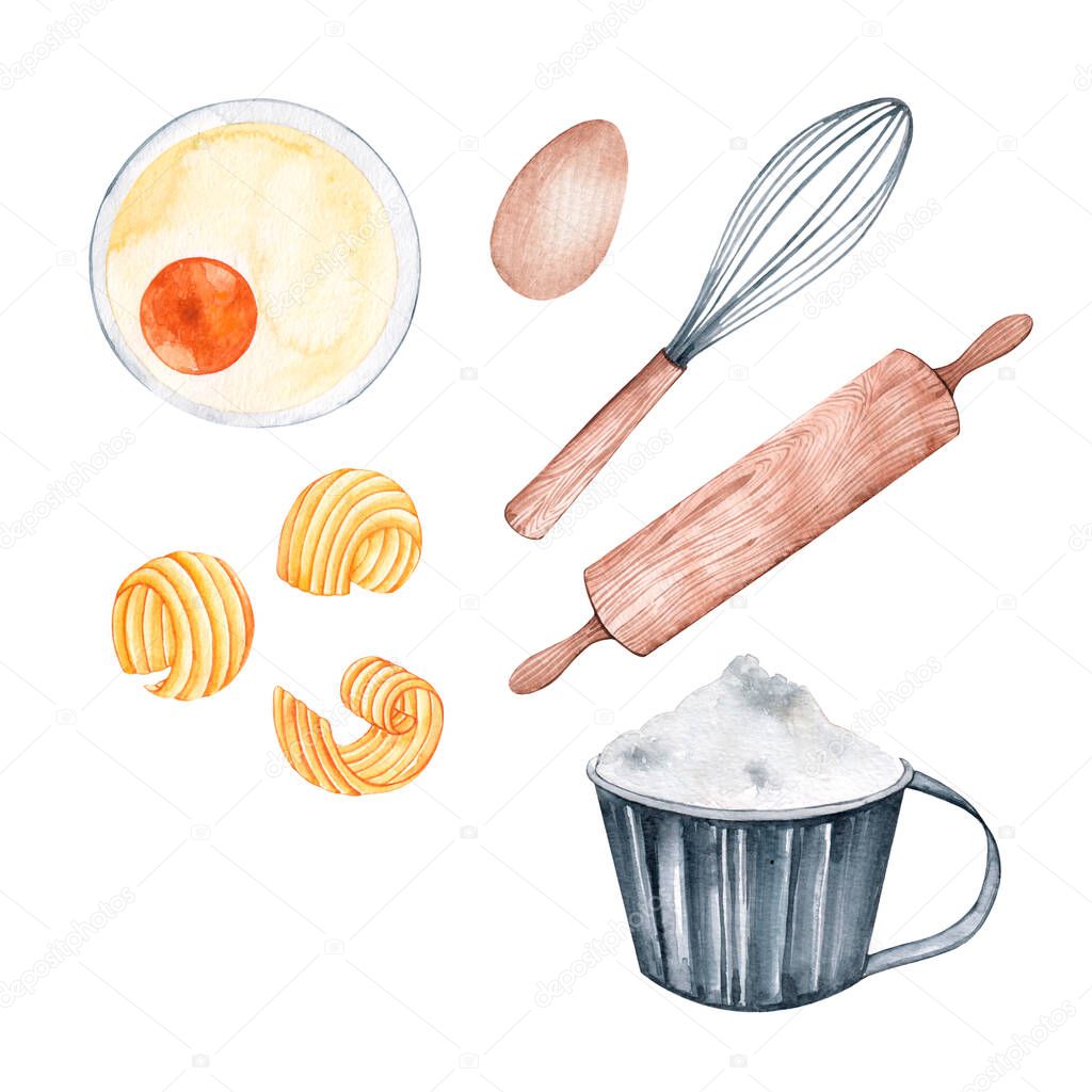 Watercolor pastries set. Eggs, bowl, butter, flour, whisk, rolling pin, spoon. Wooden vintage kitchen utensils. Ingredients for the dough. Bakery products. Isolated over white background.