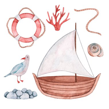 Suluboya deniz seti. Yelkenli tekne, martı, can simidi, mercan, kabuk, ip, taşlar. Beyaz arkaplan üzerinde izole edilmiş.