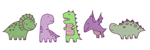 Ručně Kreslené Digitální Dinosauři Set Izolované Bílém Pozadí Roztomilé Dětské — Stock fotografie