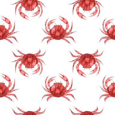 Kırmızı yengeçli dikişsiz suluboya desen. Deniz ürünleri. Deniz hayvanı. Okyanus. Sucul sakinleri.