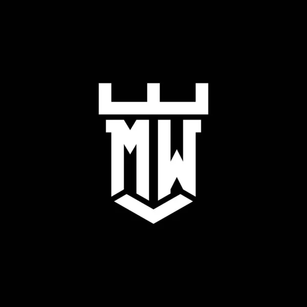 带有城堡形状设计模板的Mw标志初始单字 在黑色背景中隔离 — 图库矢量图片