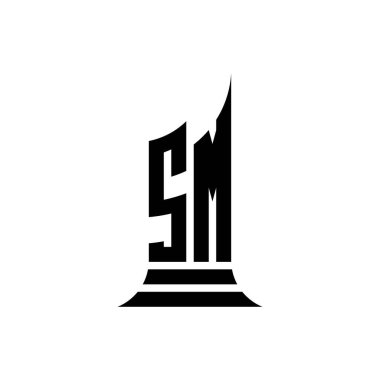 Beyaz zemin, emlak mülkü, mimar logo harfi oluşturma üzerine izole edilmiş bina biçimi tasarımı içeren SM Monogram logo harfi.