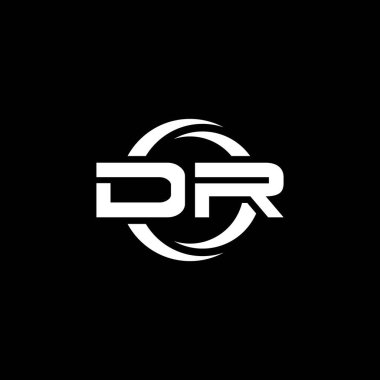 Siyah arkaplanda izole edilmiş DR Monogram logo harfi ve yuvarlak tasarım şablonu