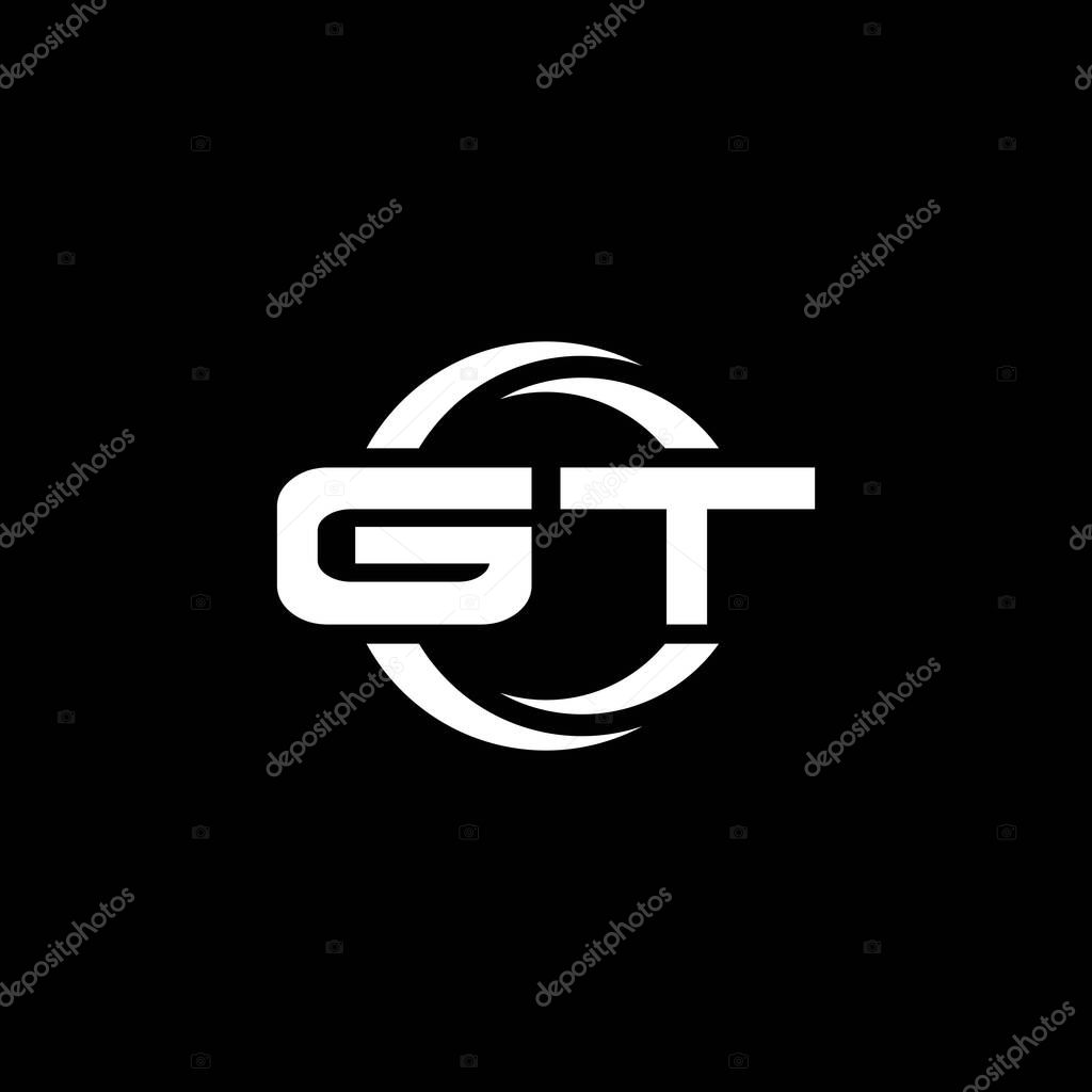 GT Monogram logo letter with simple shape and circle rounded design template isolated on black background