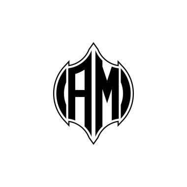 Gemoteric çizgili AM Monogram logo harfi izole arkaplanda yuvarlak biçim tasarımı, silinmiş harf monogramı