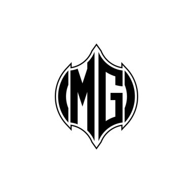Gemoteric çizgili MG monogram logo harfi izole arkaplanda yuvarlak biçim tasarımı, silinmiş harf monogramı
