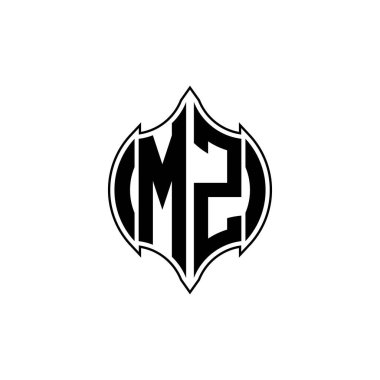Gemoteric çizgisi olan MZ Monogram logo harfi izole arkaplanda yuvarlak biçim tasarımı, silinmiş harf monogramı