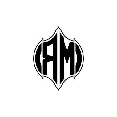 Gemoteric çizgili RM Monogram logo harfi izole arkaplanda yuvarlak biçim tasarımı, silinmiş harf monogramı