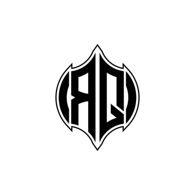 Gemoteric çizgili RQ Monogram logo harfi izole arkaplanda yuvarlak biçim tasarımı, silinmiş harf monogramı