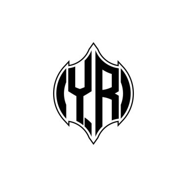 Gemoteric çizgisi olan YR Monogram logo harfi izole arkaplanda yuvarlak biçim tasarımı, silinmiş harf monogramı