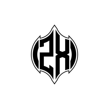 Gemoteric çizgisi olan ZX Monogram logo harfi izole arkaplanda yuvarlak biçim tasarımı, silinmiş harf monogramı