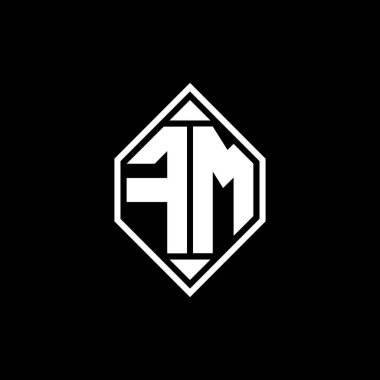 Gemoteric çizgisi olan FM Monogram logo harfi izole arkaplanda yuvarlak biçim tasarımı, silinmiş harfli monogram