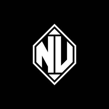 Gemoteric çizgili NU Monogram logo harfi izole arkaplanda yuvarlak biçim tasarımı, silinmiş harf monogramı