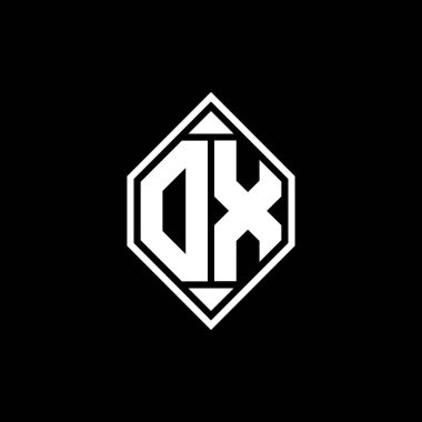 Gemoteric çizgisi olan OX Monogram logo harfi izole arkaplanda yuvarlak biçim tasarımı, silinmiş harf monogramı