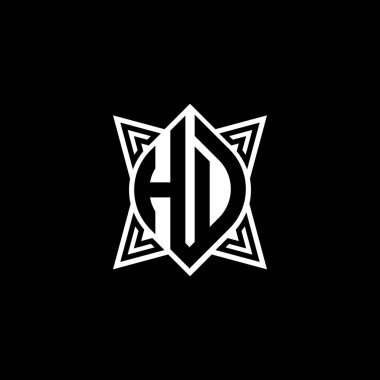 Siyah arkaplanda izole edilmiş yıldız geometrik şekil tasarımlı HD monogram logo harfi. Yıldız çokgeni, kalkan yıldızı geometriği.