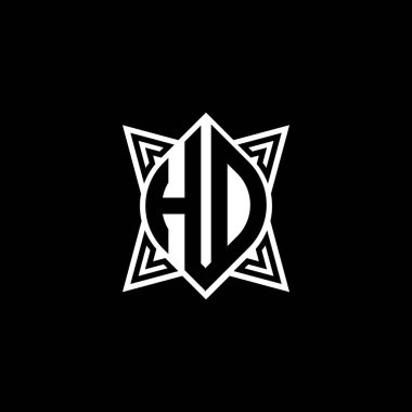 Siyah arkaplanda izole edilmiş yıldız geometrik şekil tasarımlı HO monogram logo harfi. Yıldız çokgeni, kalkan yıldızı geometriği.