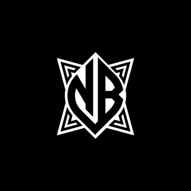 Siyah arkaplanda izole edilmiş yıldız geometrik şekil tasarımlı NB Monogram logo harfi. Yıldız çokgeni, kalkan yıldızı geometriği.