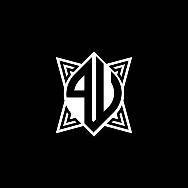 Siyah arkaplanda izole edilmiş Yıldız geometrik şekil tasarımlı PU Monogram logo harfi. Yıldız çokgeni, kalkan yıldızı geometriği.