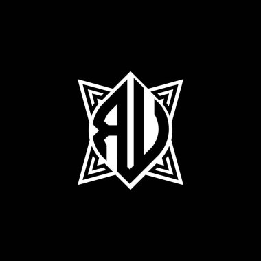 Siyah zemin üzerinde izole edilmiş yıldız geometrik şekil tasarımlı RU Monogram logo harfi. Yıldız çokgeni, kalkan yıldızı geometriği.